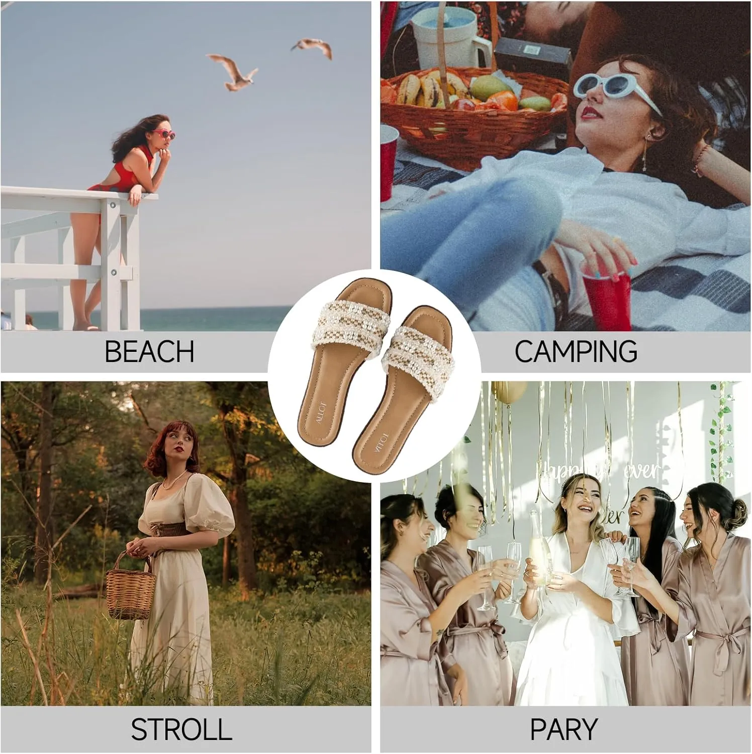 ALLOT Women's Pearls Flat Sandals Square Toe Slip On Comfortable Slides Summer Casual Beach Shoes