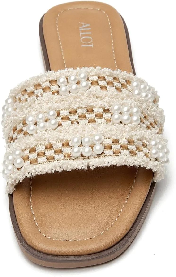 ALLOT Women's Pearls Flat Sandals Square Toe Slip On Comfortable Slides Summer Casual Beach Shoes