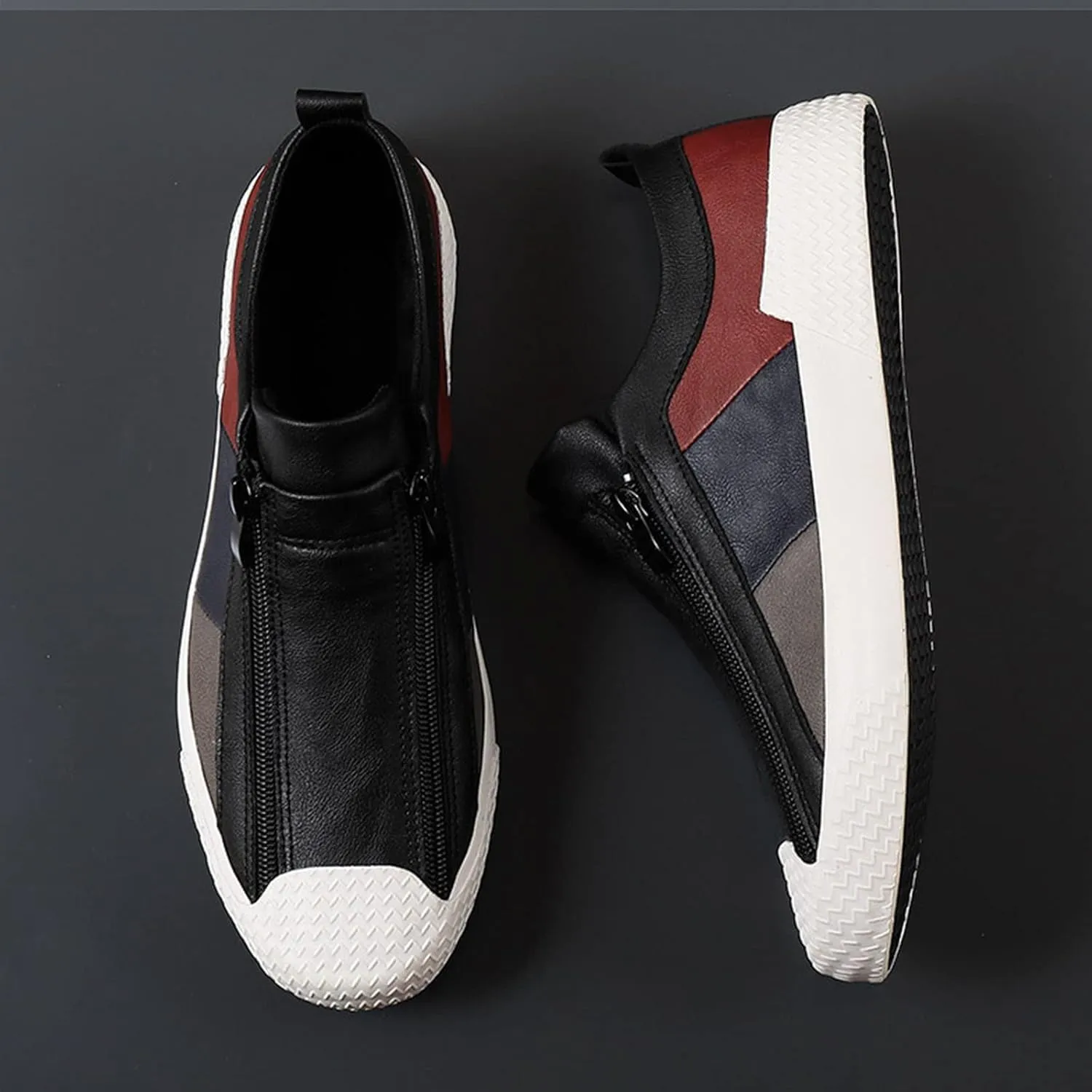 AngryMonkey Men's Low-top Colorblock Sneakers,Fashion Comfort Slip On Double Zipper Anti-Slip Flat Casual Leather Walking Loafers