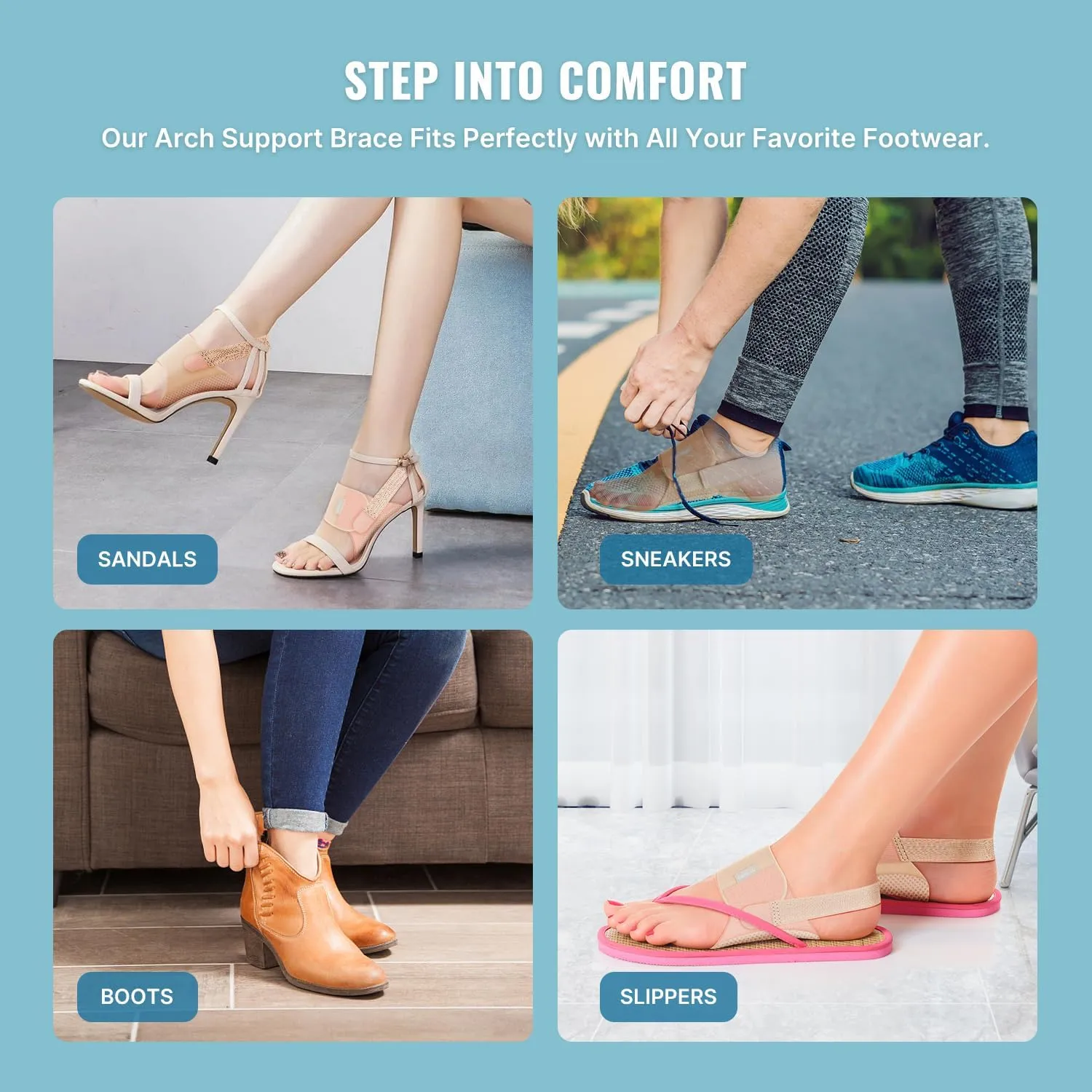 Arch Support for Plantar Fasciitis Relief: Upgraded Non-Slip Wearable Arch Support Inserts w/Built-in Orthotics - Adjustable Brace w/Gel Pads for Flat Feet High & Fallen Arch for Men Women