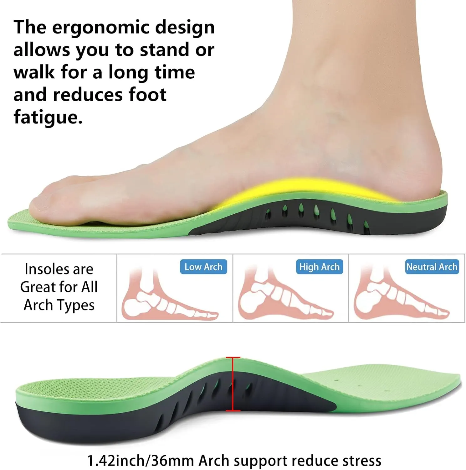 Arch Support Insoles (220 lbs) Plantar Fasciitis Relief Insoles for Flat Feet, Work Boot Insoles, Memory Foam Shoe Inserts for Running and Hiking, Gel Orthotic Insoles for Men & Women