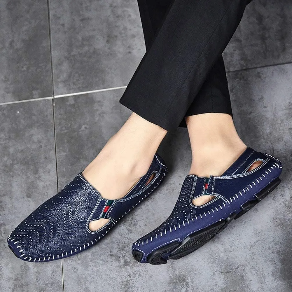 Asifn Mens Leather Driving Loafer Lightweight Slip-on Breathable Walking Boat Shoes Flat Slippers Outdoor Moccasin