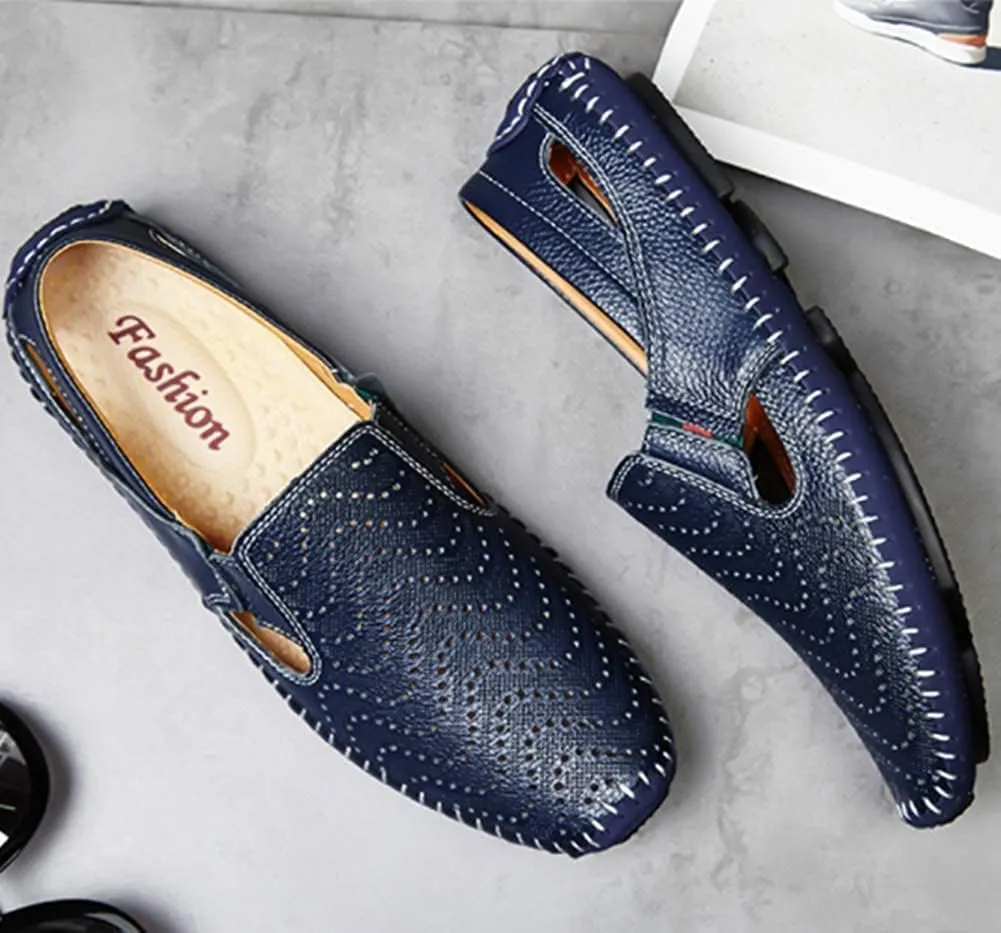 Asifn Mens Leather Driving Loafer Lightweight Slip-on Breathable Walking Boat Shoes Flat Slippers Outdoor Moccasin