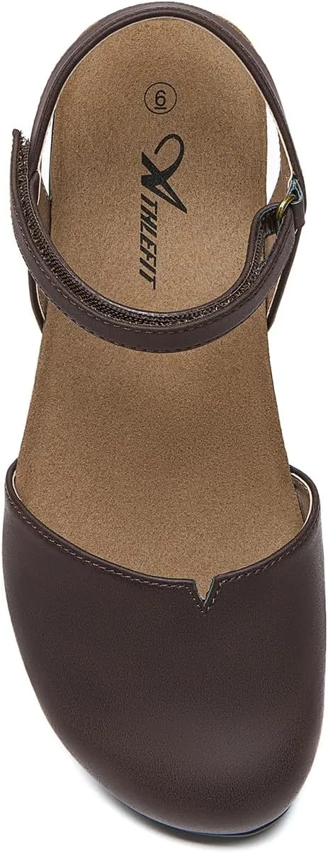 Athlefit Women's Closed Toe Sandals Comfort Cork Footbed Arch Support Flat Sandals