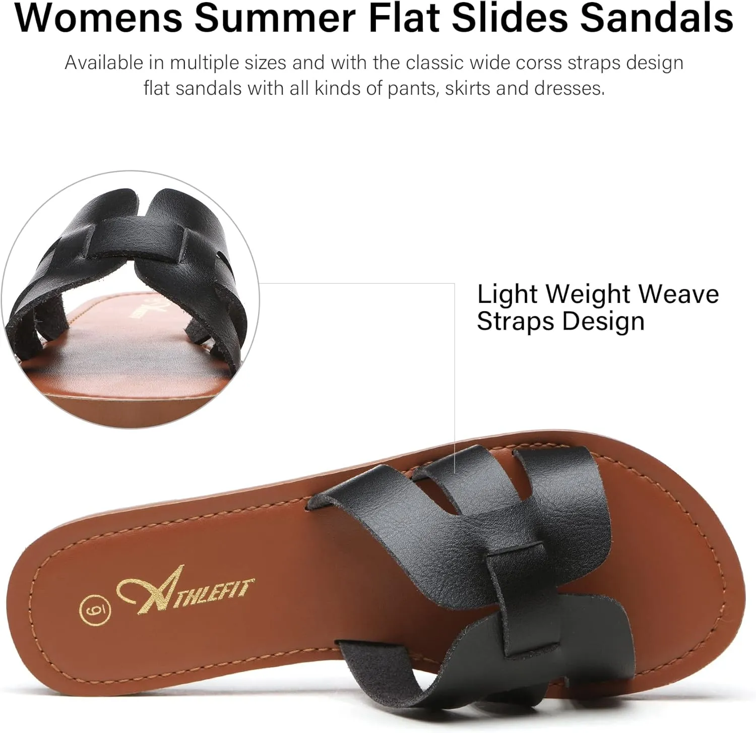 Athlefit Women's Flat Sandals Summer Casual Slip On Leather Slide Sandal