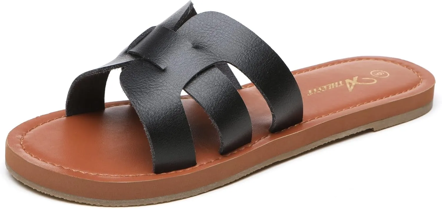 Athlefit Women's Flat Sandals Summer Casual Slip On Leather Slide Sandal