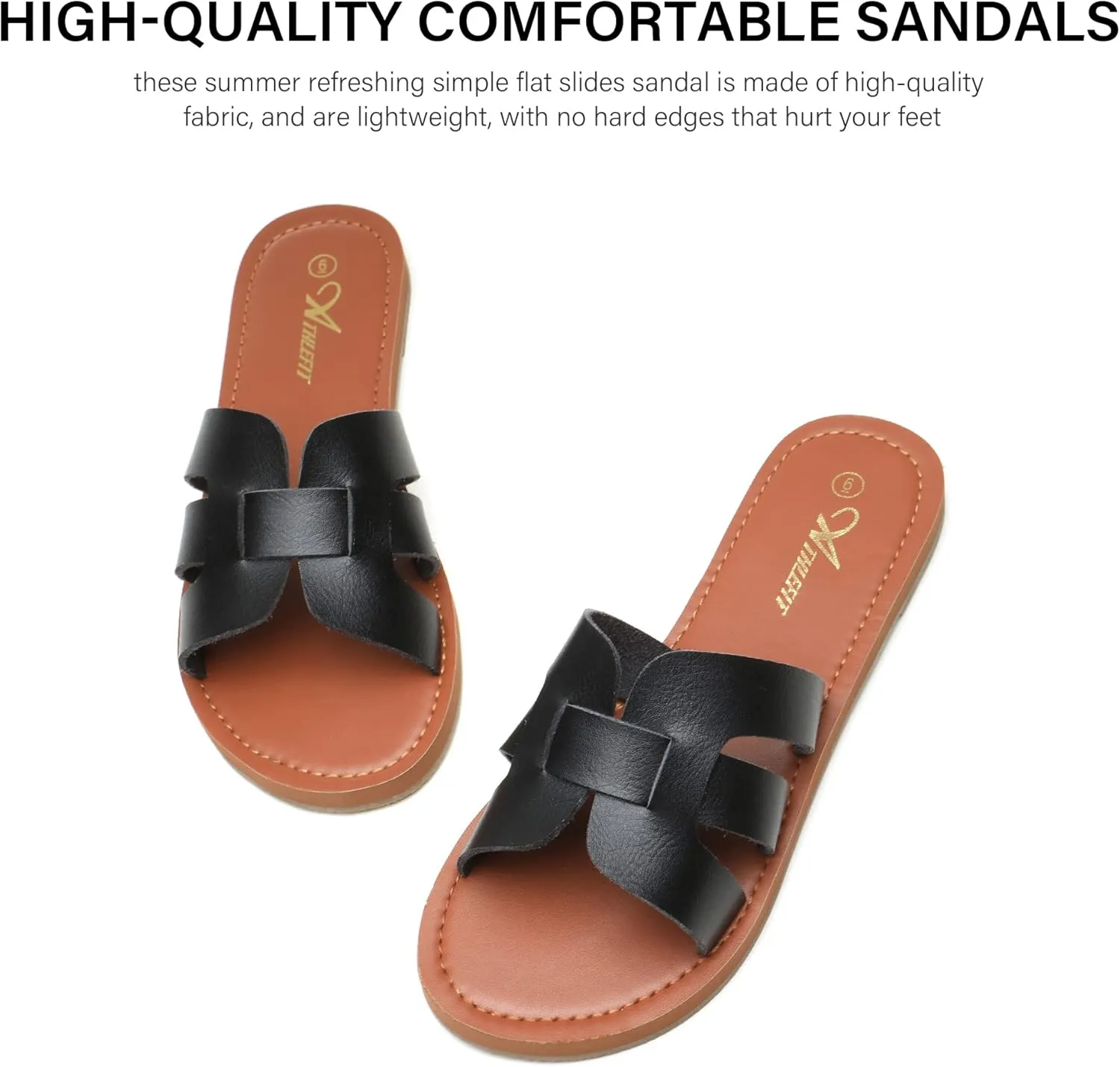 Athlefit Women's Flat Sandals Summer Casual Slip On Leather Slide Sandal
