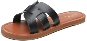 Athlefit Women's Flat Sandals Summer Casual Slip On Leather Slide Sandal