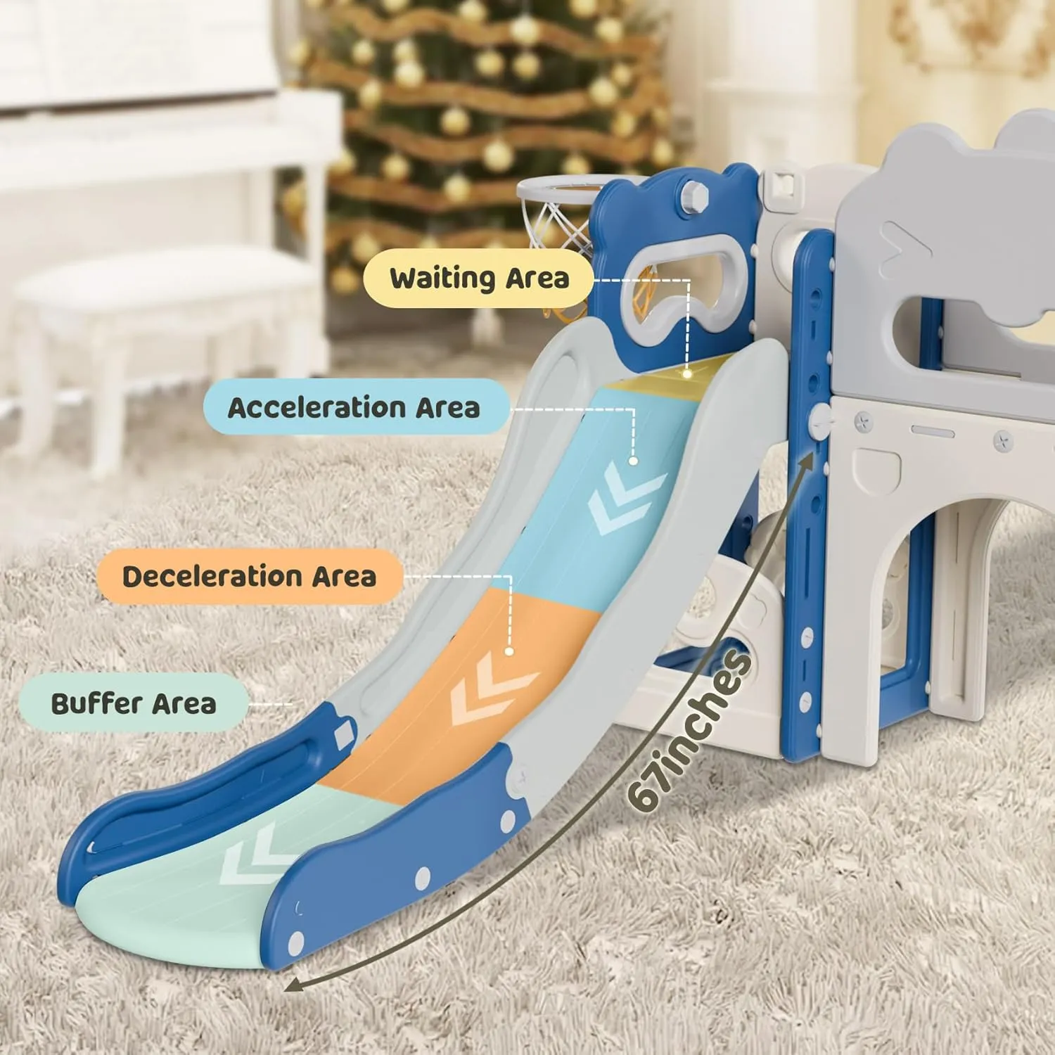 Babytronic Toddler Slide Set, 8 in 1 Kids Indoor Slide for Toddler 1-3, Indoor Outdoor Toddler Playground with Basketball Hoop and Telescope, Baby Slide Toddler Indoor Slide Playset, Blue&Gray