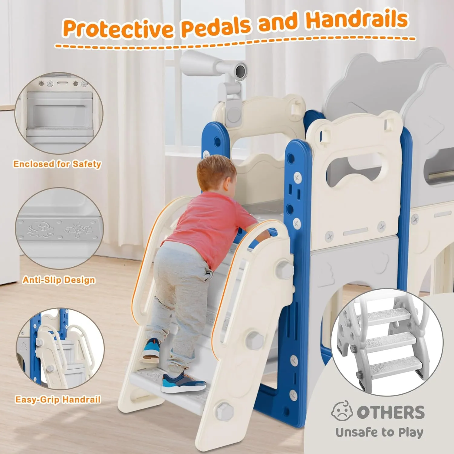 Babytronic Toddler Slide Set, 8 in 1 Kids Indoor Slide for Toddler 1-3, Indoor Outdoor Toddler Playground with Basketball Hoop and Telescope, Baby Slide Toddler Indoor Slide Playset, Blue&Gray