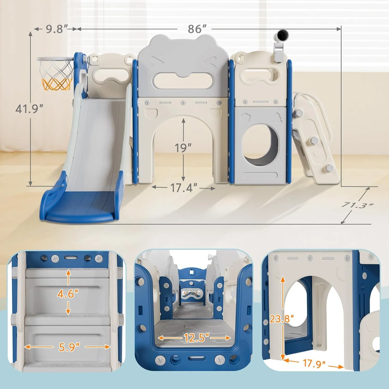 Babytronic Toddler Slide Set, 8 in 1 Kids Indoor Slide for Toddler 1-3, Indoor Outdoor Toddler Playground with Basketball Hoop and Telescope, Baby Slide Toddler Indoor Slide Playset, Blue&Gray
