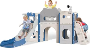 Babytronic Toddler Slide Set, 8 in 1 Kids Indoor Slide for Toddler 1-3, Indoor Outdoor Toddler Playground with Basketball Hoop and Telescope, Baby Slide Toddler Indoor Slide Playset, Blue&Gray