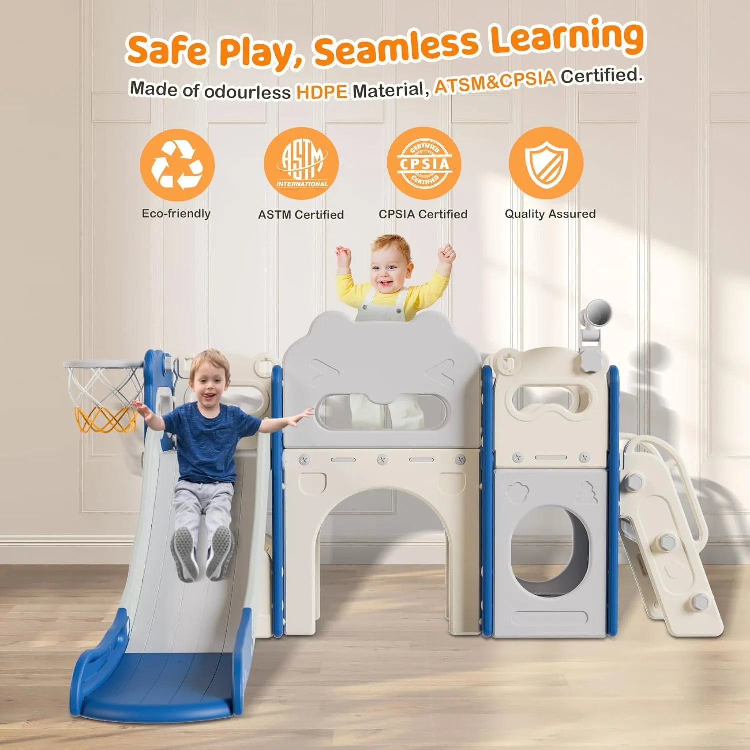 Babytronic Toddler Slide Set, 8 in 1 Kids Indoor Slide for Toddler 1-3, Indoor Outdoor Toddler Playground with Basketball Hoop and Telescope, Baby Slide Toddler Indoor Slide Playset, Blue&Gray