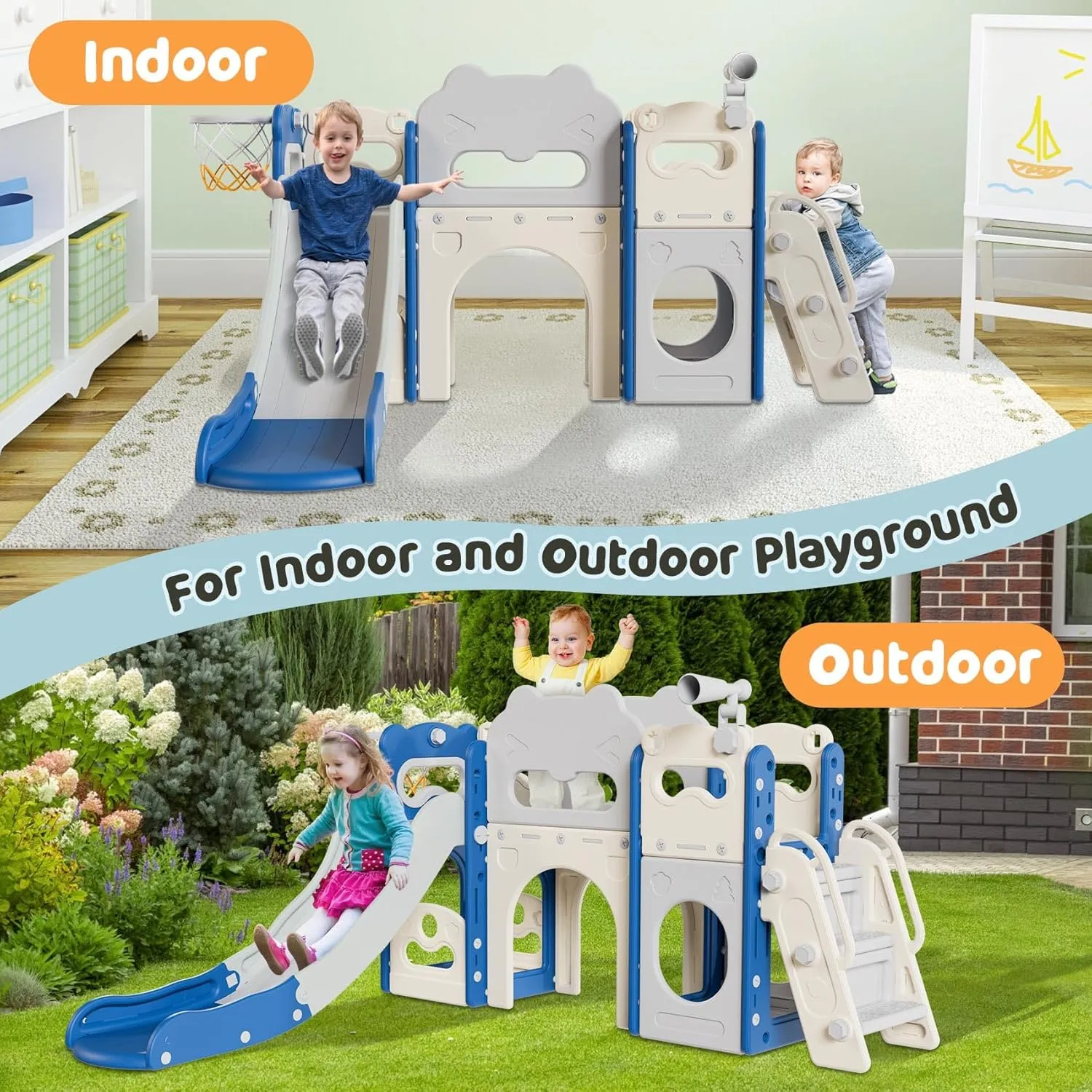 Babytronic Toddler Slide Set, 8 in 1 Kids Indoor Slide for Toddler 1-3, Indoor Outdoor Toddler Playground with Basketball Hoop and Telescope, Baby Slide Toddler Indoor Slide Playset, Blue&Gray