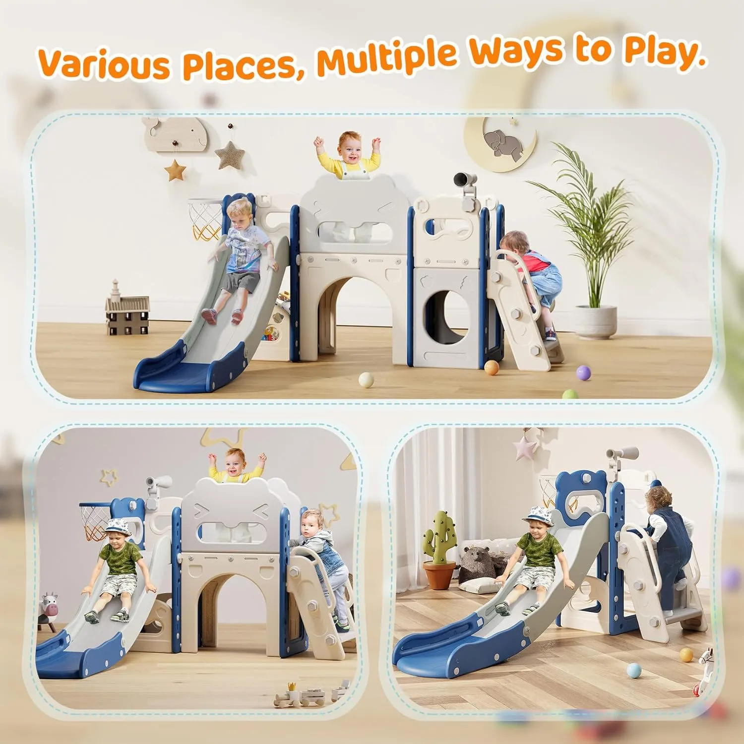 Babytronic Toddler Slide Set, 8 in 1 Kids Indoor Slide for Toddler 1-3, Indoor Outdoor Toddler Playground with Basketball Hoop and Telescope, Baby Slide Toddler Indoor Slide Playset, Blue&Gray
