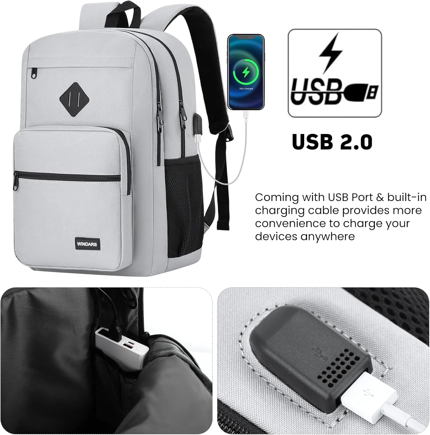 Backpack for Men Women, Durable Casual School Backpacks Teens Boys and Girls Classic 15.6 Inch Laptop Bookbag with USB Charger for College High School Work Travel (Gray)