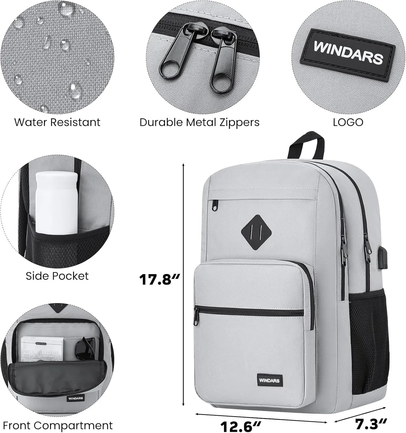 Backpack for Men Women, Durable Casual School Backpacks Teens Boys and Girls Classic 15.6 Inch Laptop Bookbag with USB Charger for College High School Work Travel (Gray)