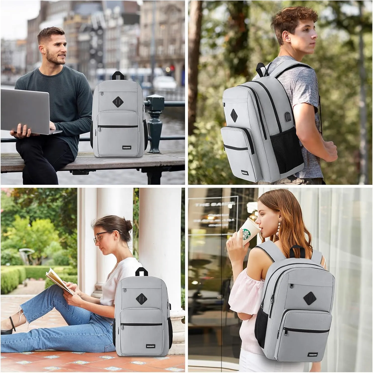 Backpack for Men Women, Durable Casual School Backpacks Teens Boys and Girls Classic 15.6 Inch Laptop Bookbag with USB Charger for College High School Work Travel (Gray)