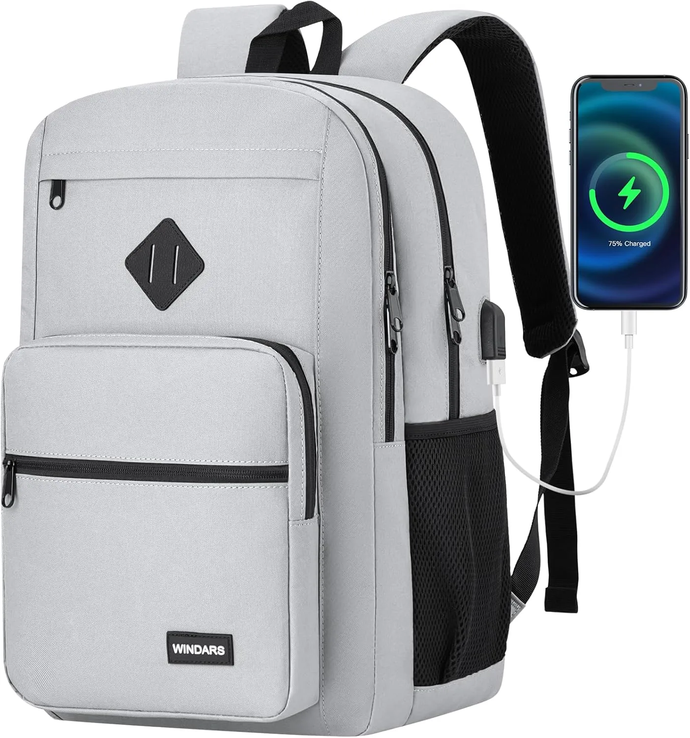 Backpack for Men Women, Durable Casual School Backpacks Teens Boys and Girls Classic 15.6 Inch Laptop Bookbag with USB Charger for College High School Work Travel (Gray)