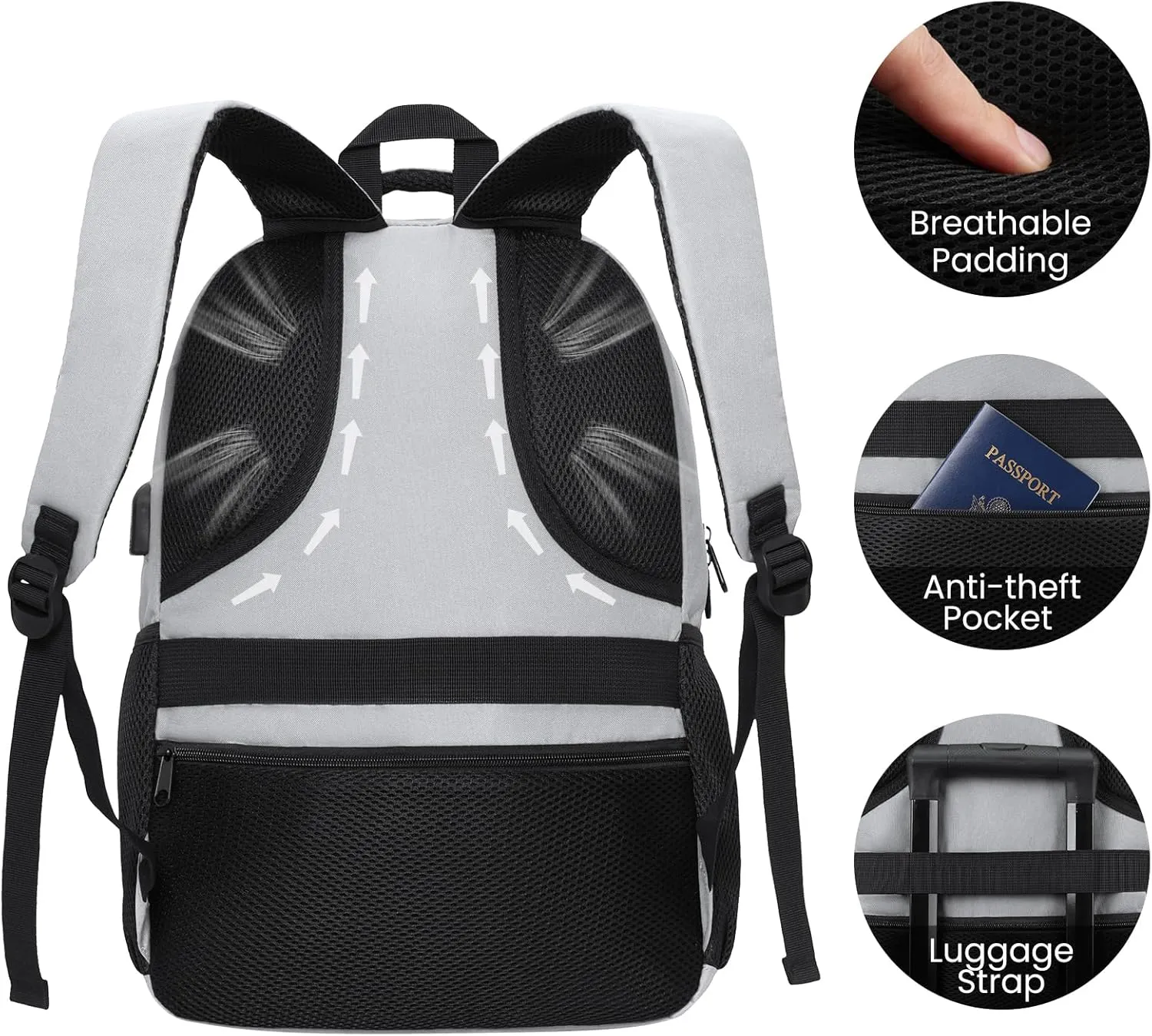 Backpack for Men Women, Durable Casual School Backpacks Teens Boys and Girls Classic 15.6 Inch Laptop Bookbag with USB Charger for College High School Work Travel (Gray)