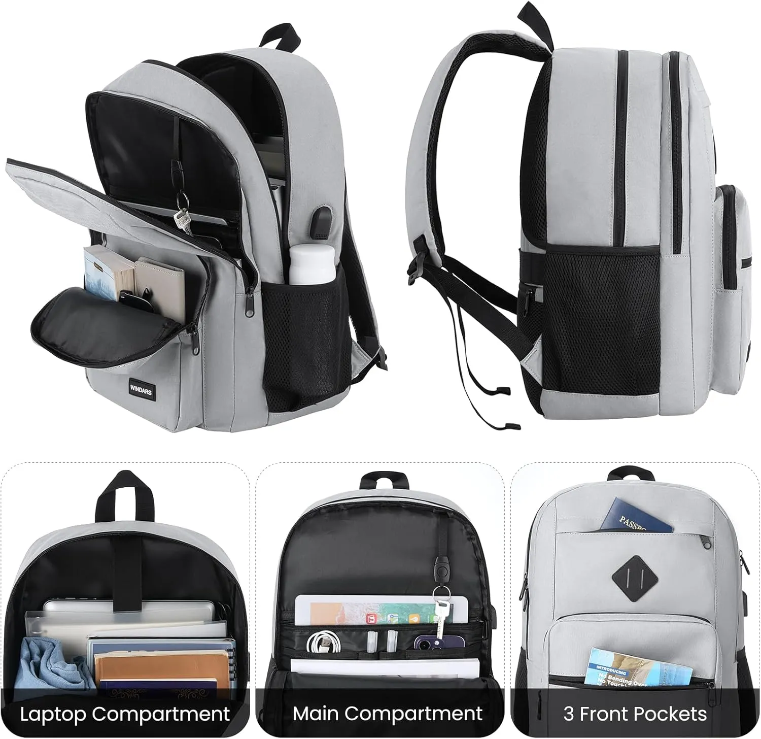 Backpack for Men Women, Durable Casual School Backpacks Teens Boys and Girls Classic 15.6 Inch Laptop Bookbag with USB Charger for College High School Work Travel (Gray)
