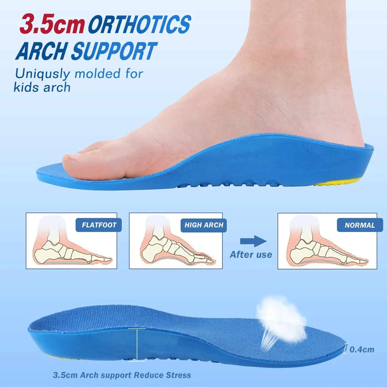 Bacophy Kids Orthotic Arch Support Shoe Insoles, Deep Heel Cup, Shock Absorption, Blue
