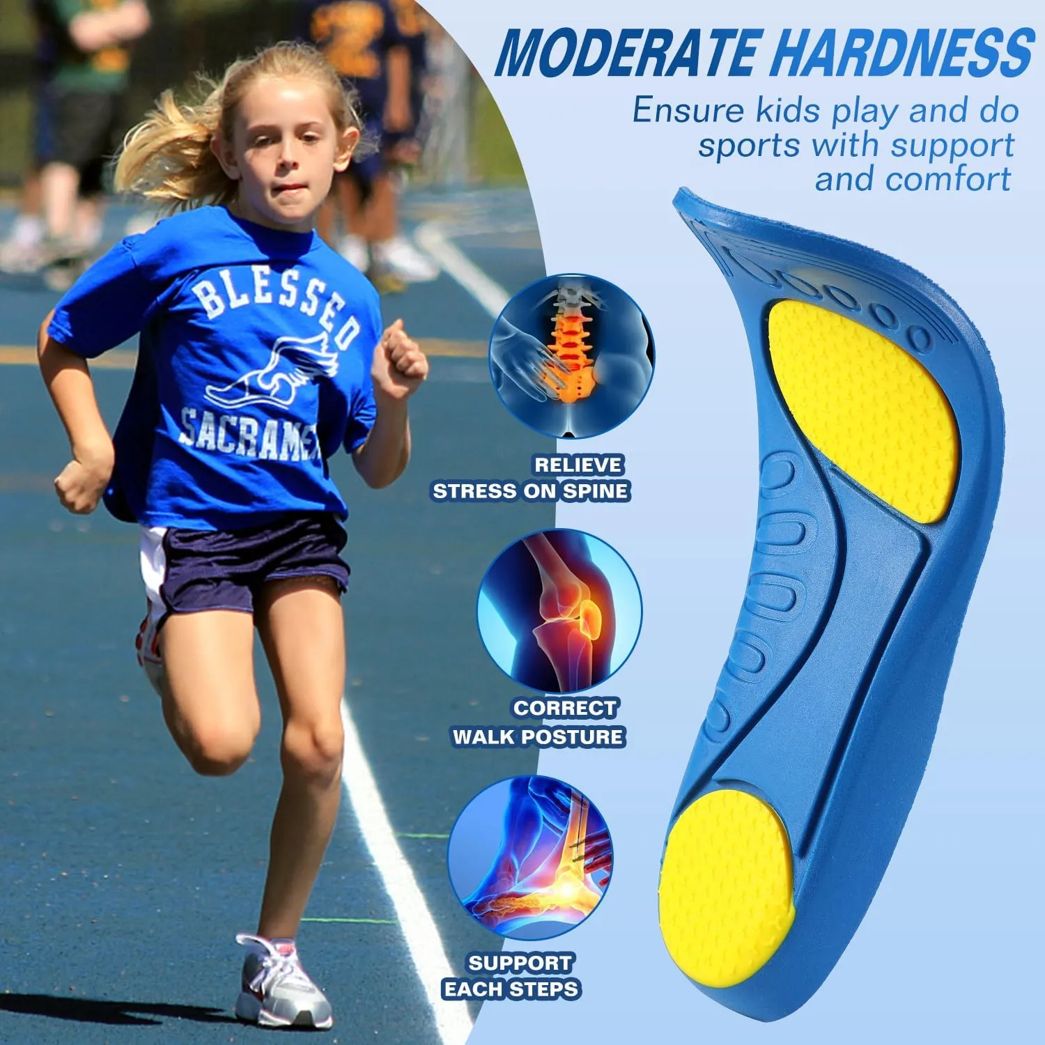 Bacophy Kids Orthotic Arch Support Shoe Insoles, Deep Heel Cup, Shock Absorption, Blue