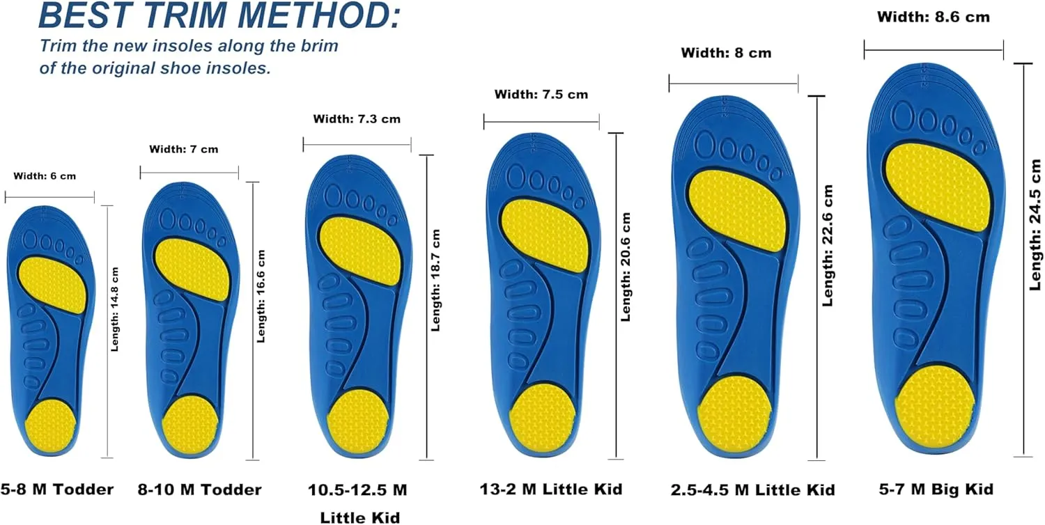 Bacophy Kids Orthotic Arch Support Shoe Insoles, Deep Heel Cup, Shock Absorption, Blue
