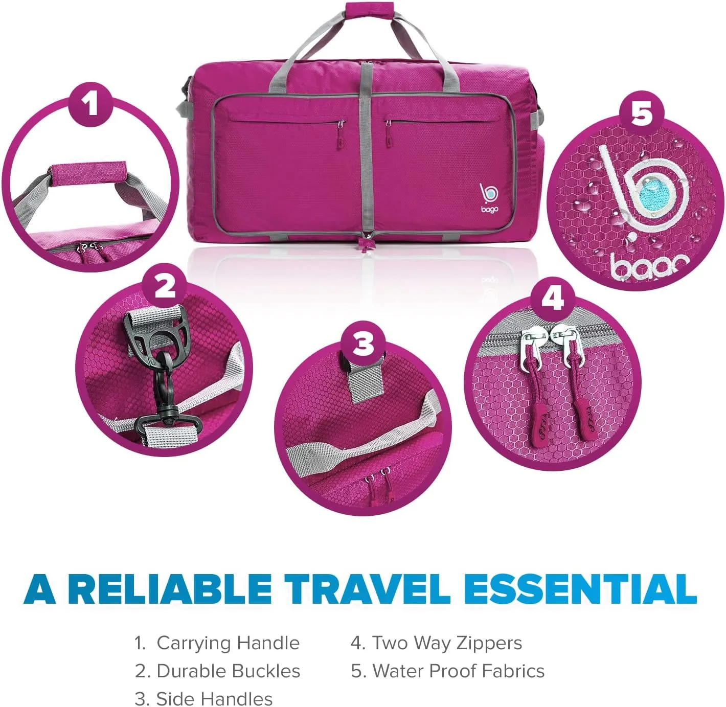 Bago Foldable Duffel Bags for Traveling Women & Men - 60L Medium Packable Duffle Bag for Travel with Shoe Compartment - Water Repellant, Heavy Duty, Lightweight Folding & Collapsible (Pink)