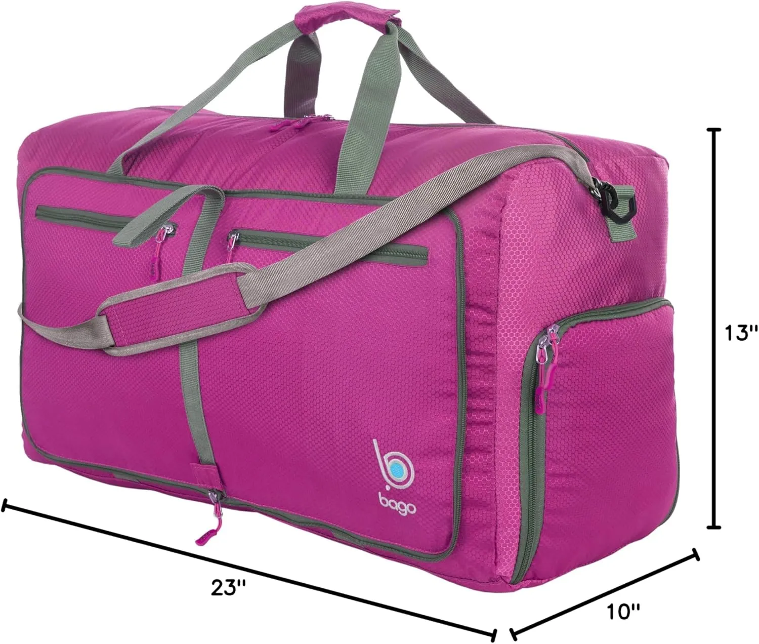 Bago Foldable Duffel Bags for Traveling Women & Men - 60L Medium Packable Duffle Bag for Travel with Shoe Compartment - Water Repellant, Heavy Duty, Lightweight Folding & Collapsible (Pink)