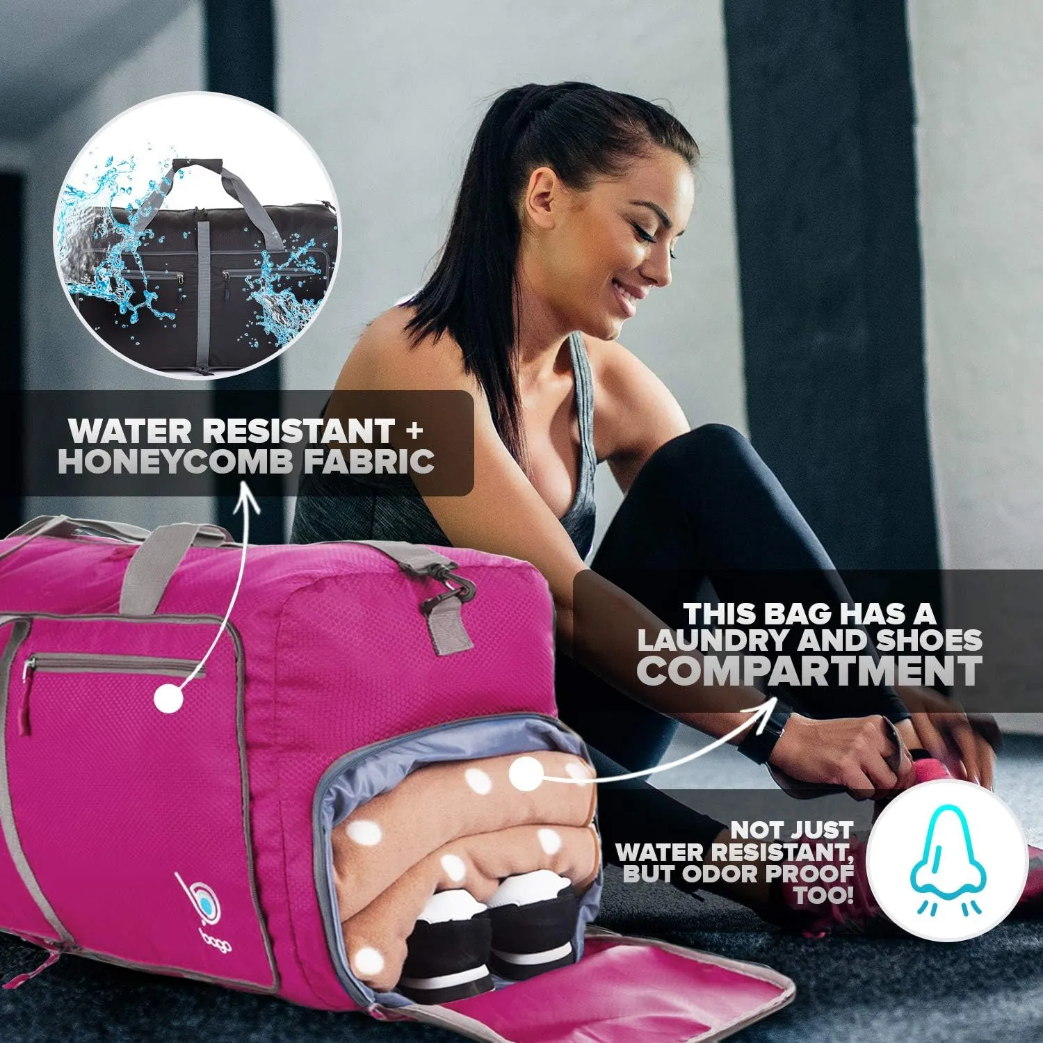 Bago Foldable Duffel Bags for Traveling Women & Men - 60L Medium Packable Duffle Bag for Travel with Shoe Compartment - Water Repellant, Heavy Duty, Lightweight Folding & Collapsible (Pink)