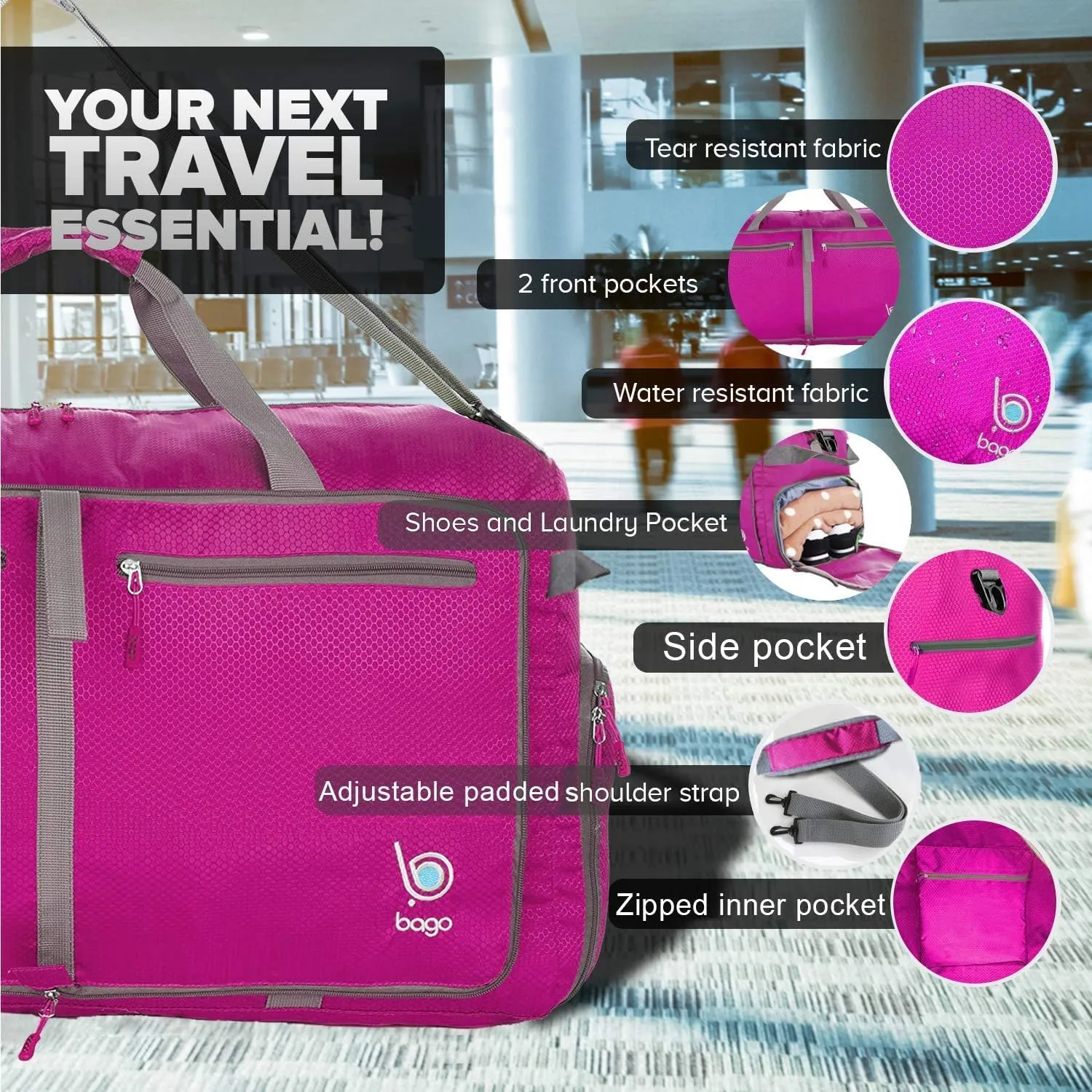 Bago Foldable Duffel Bags for Traveling Women & Men - 60L Medium Packable Duffle Bag for Travel with Shoe Compartment - Water Repellant, Heavy Duty, Lightweight Folding & Collapsible (Pink)