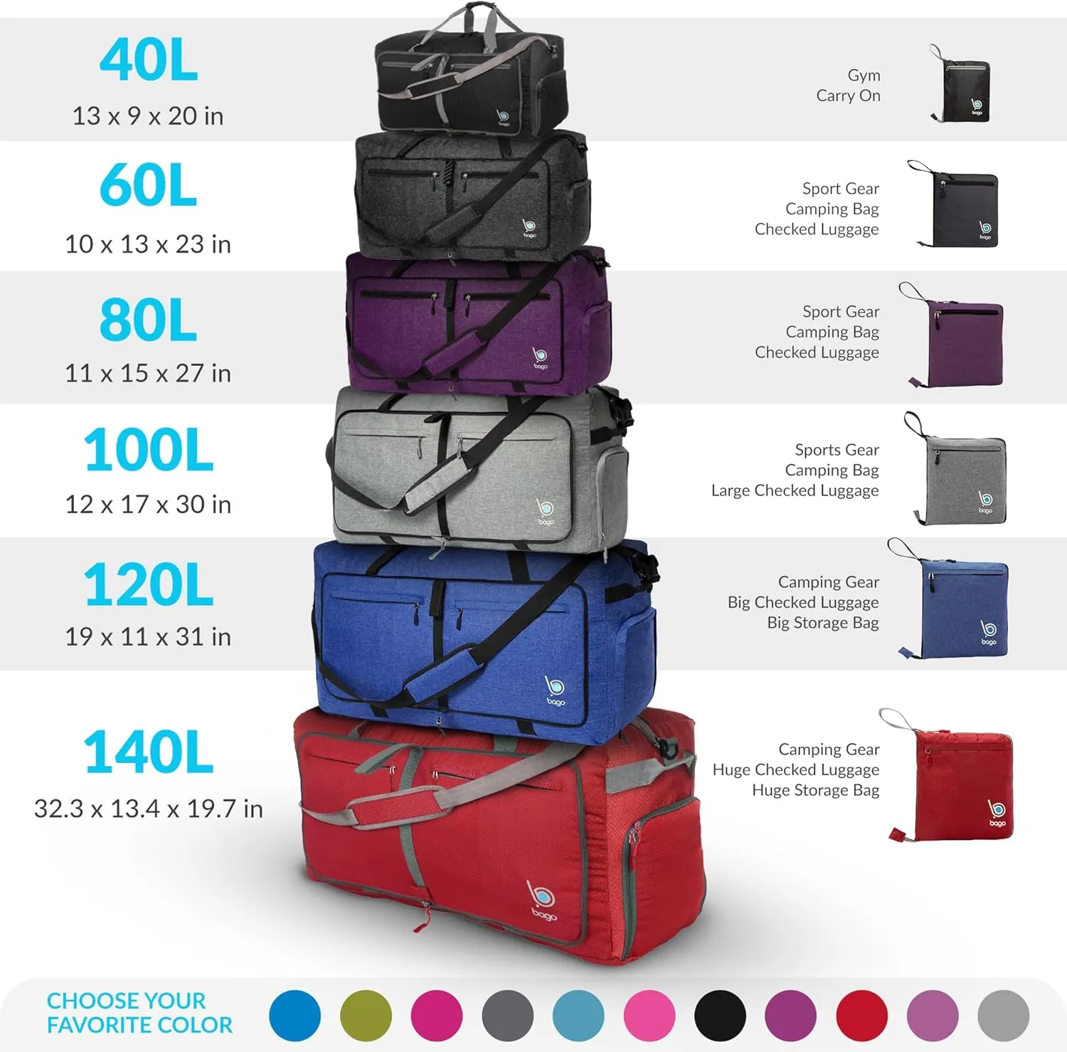 Bago Large Foldable Duffel Bags for Traveling Women & Men - 120L Packable Duffle Bag for Travel with Shoe Compartment - Water Repellant, Heavy Duty, Lightweight Folding & Collapsible (SnowGray)