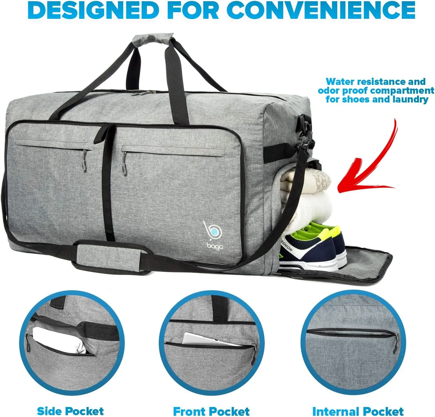 Bago Large Foldable Duffel Bags for Traveling Women & Men - 120L Packable Duffle Bag for Travel with Shoe Compartment - Water Repellant, Heavy Duty, Lightweight Folding & Collapsible (SnowGray)