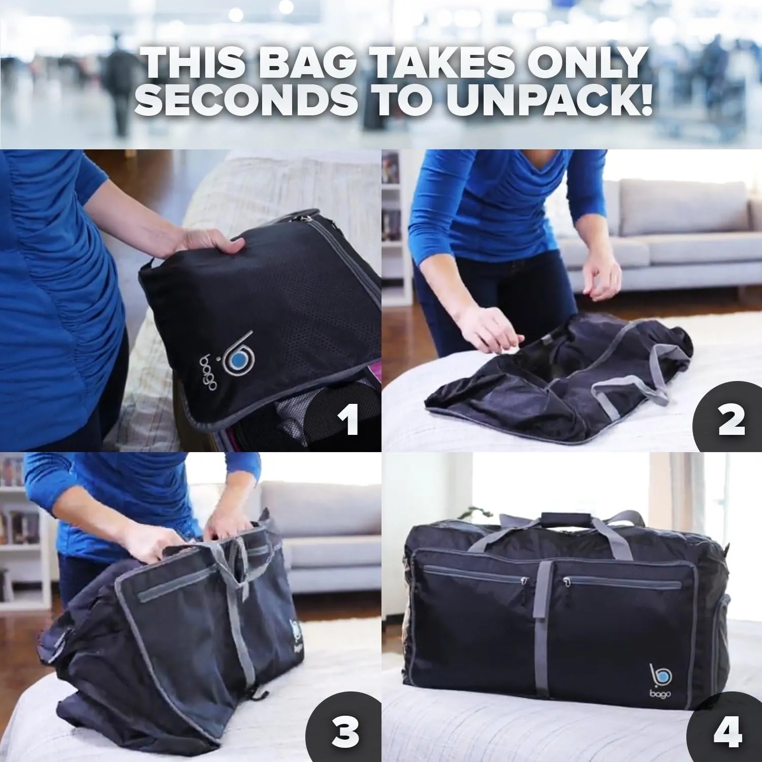 Bago Large Foldable Duffel Bags for Traveling Women & Men - 120L Packable Duffle Bag for Travel with Shoe Compartment - Water Repellant, Heavy Duty, Lightweight Folding & Collapsible (SnowGray)