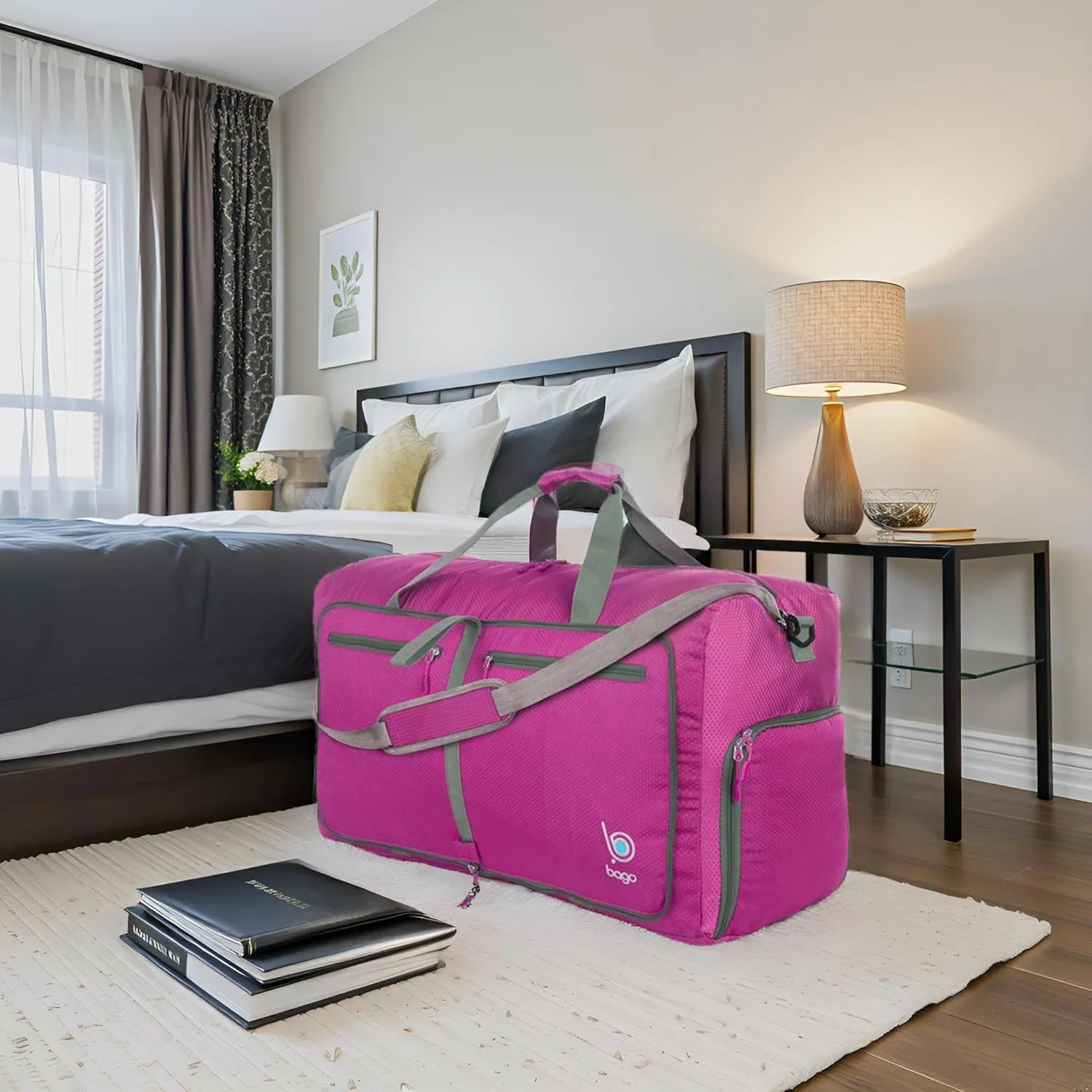Bago Large Foldable Duffel Bags for Traveling Women & Men - 80L Packable Duffle Bag for Travel with Shoe Compartment - Water Repellant, Heavy Duty, Lightweight Folding & Collapsible (Pink)