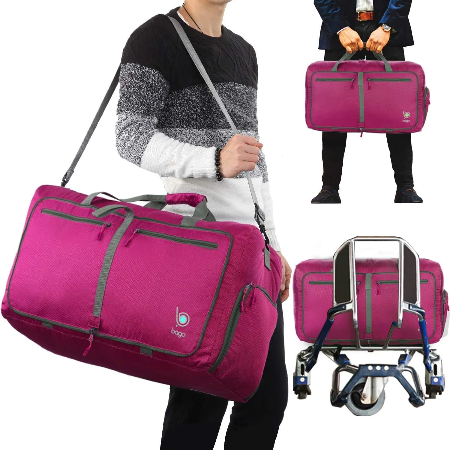 Bago Large Foldable Duffel Bags for Traveling Women & Men - 80L Packable Duffle Bag for Travel with Shoe Compartment - Water Repellant, Heavy Duty, Lightweight Folding & Collapsible (Pink)