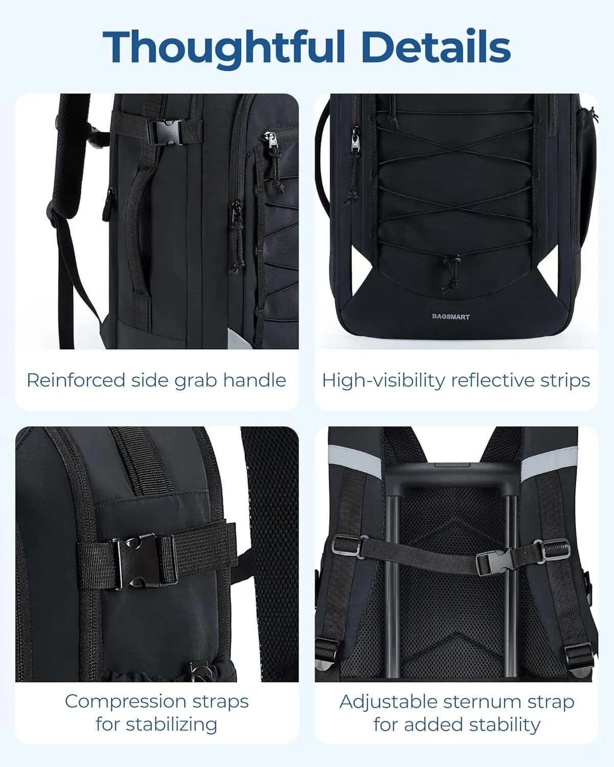 BAGSMART Carry On Travel Backpack, 17.3 Inch Large Travel backpack Carry On Flight Approved, Personal Item Backpack Travel Bag With Shoe Bag, 30L Water Resistant Casual Daypack, Black