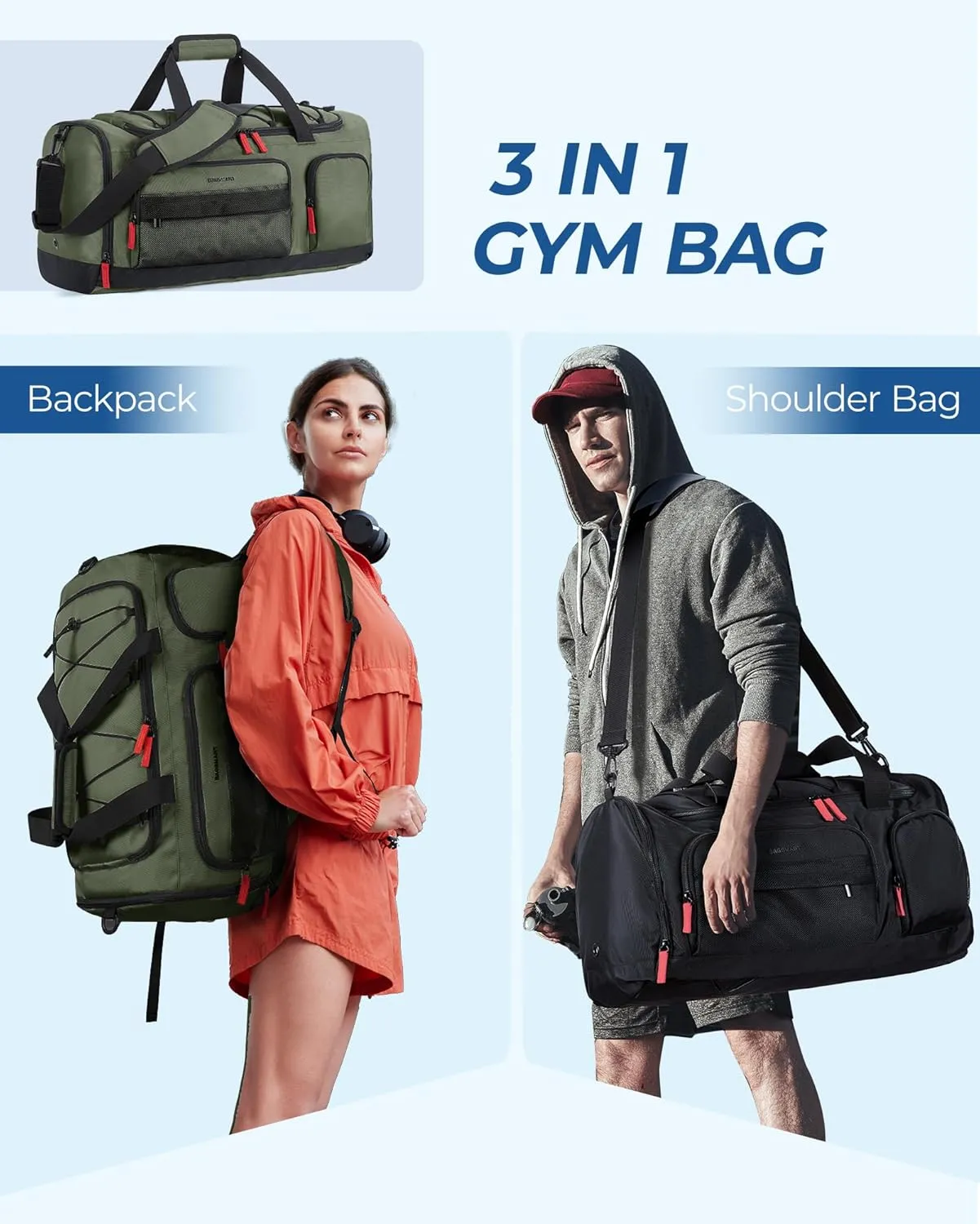 BAGSMART Gym Bag for Men&Women, 35L Sports Travel Duffel Bag with Shoe Laptop Compartment，Anti-Theft Carry On Weekender Bag for Airplane,Outdoor Overnight Backpack for Travel,Green