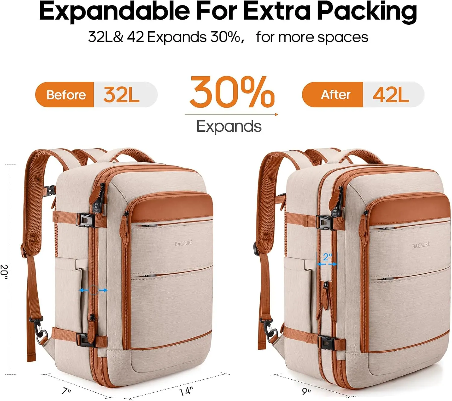 Bagsure Travel Backpack, 42L Carry on Luggage, Flight Approved Expandable Backpack, Laptop Backpack