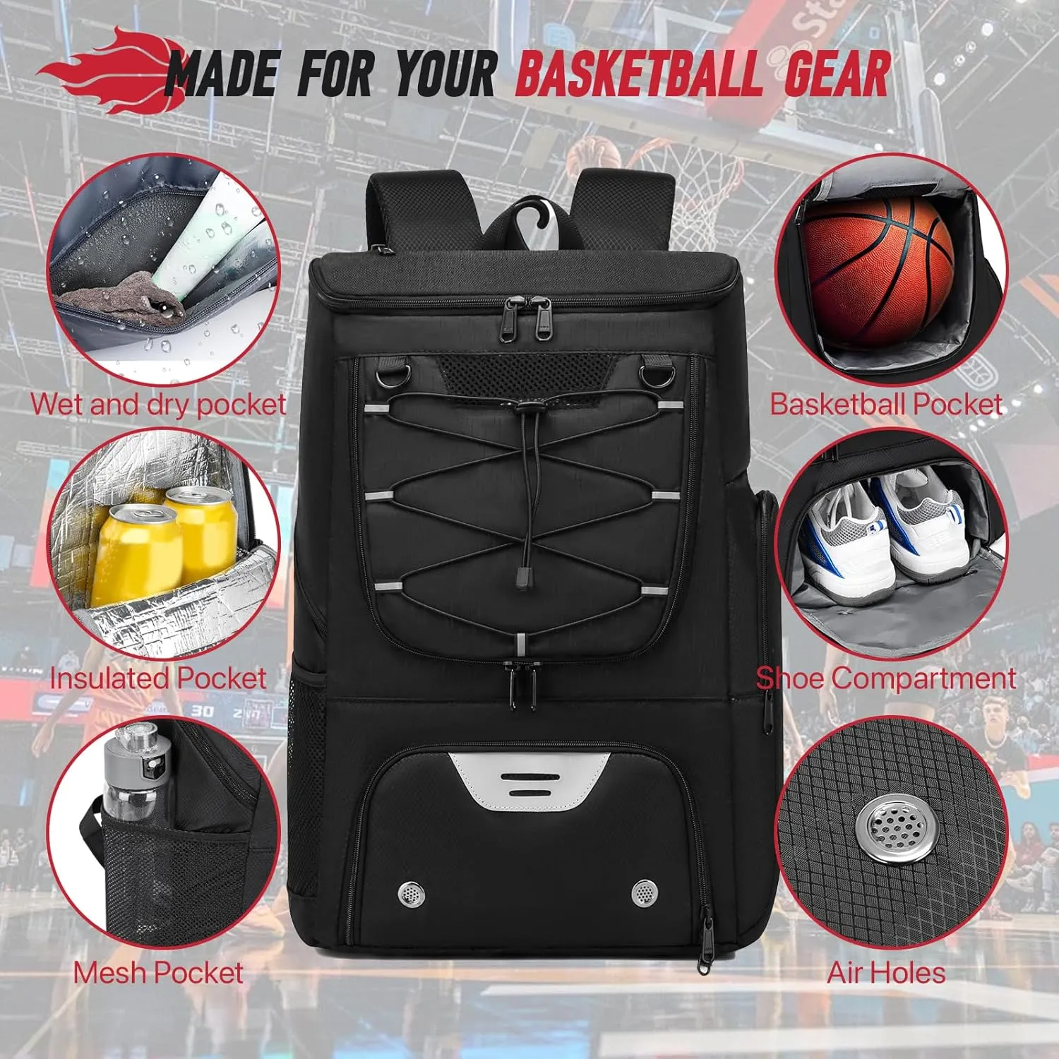 Basketball Backpack, Basketball Bag with Separate Ball Holder & Shoes Compartment Water Resistant Sports Bag