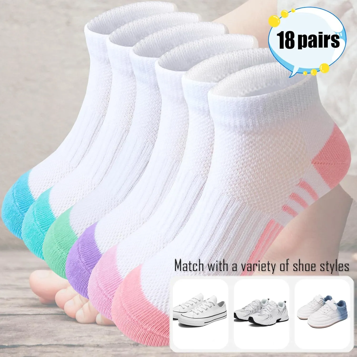 Bemeol Girls Socks 18 Pairs Ankle Socks Girls Running Athletic Low Cut Sock for Little Big Kids