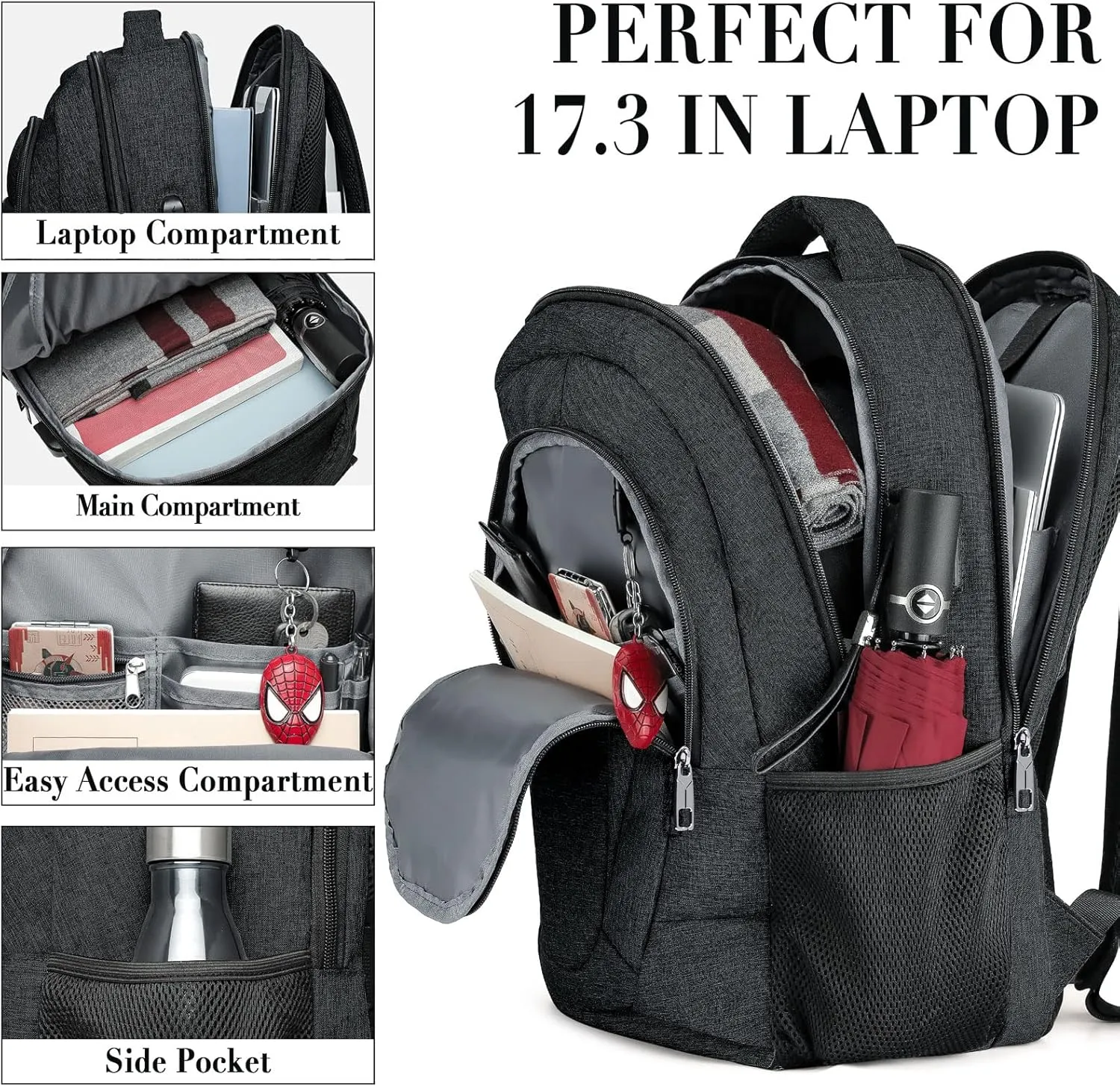 BIKROD Travel Laptop Backpack, 17 Inch Extra Large School Backpacks for Teen Boys and Girls, Black Water Resistant Women Back Pack, Business Men Sturdy Computer Bag with USB Charging Port, Gifts