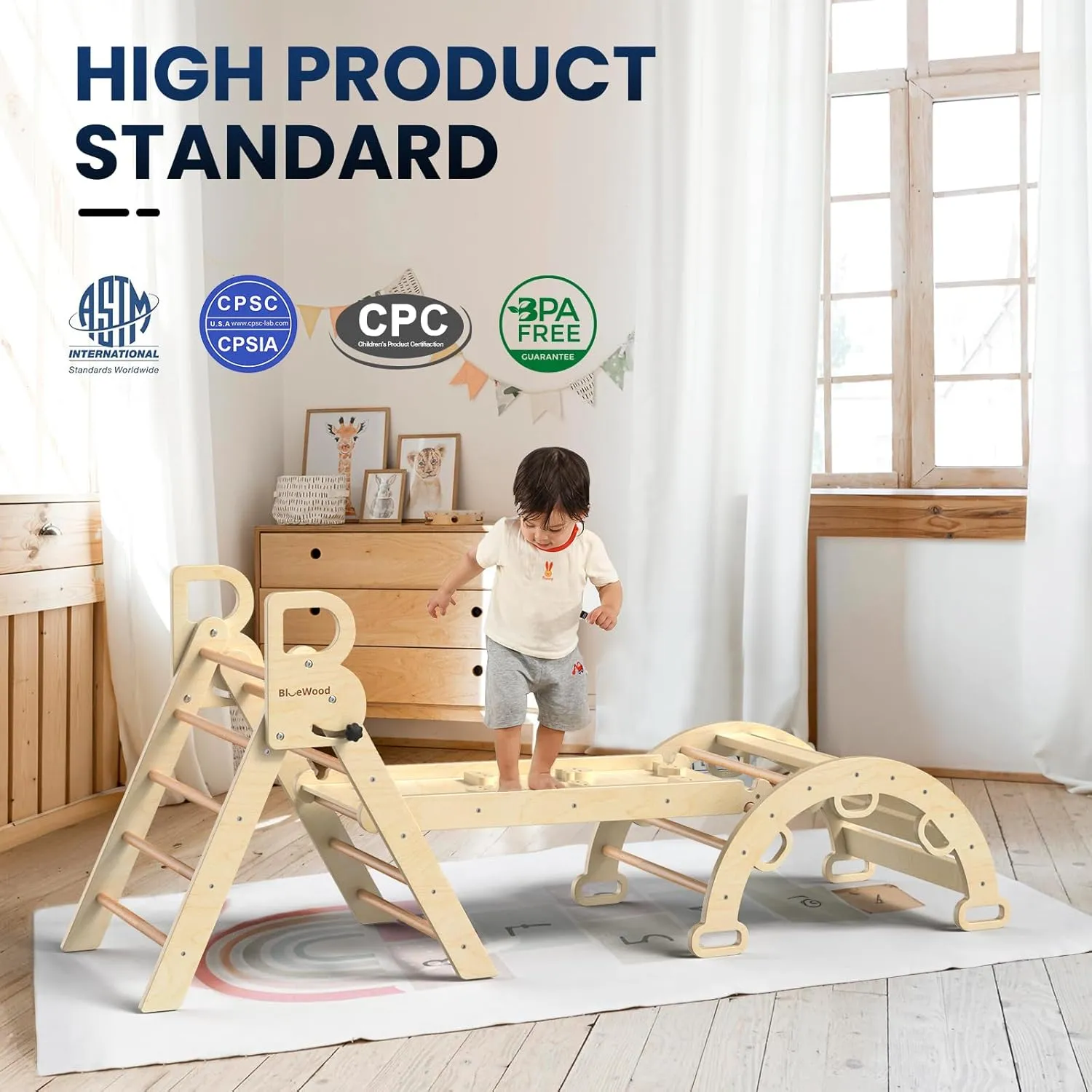 BlueWood Pikler Triangle Set 7-in-1 Foldable Baby Climbing Wooden Toys with Arch&Ramp&Ladder Climber Indoor Jungle Gyms for Toddlers - Natural Wood