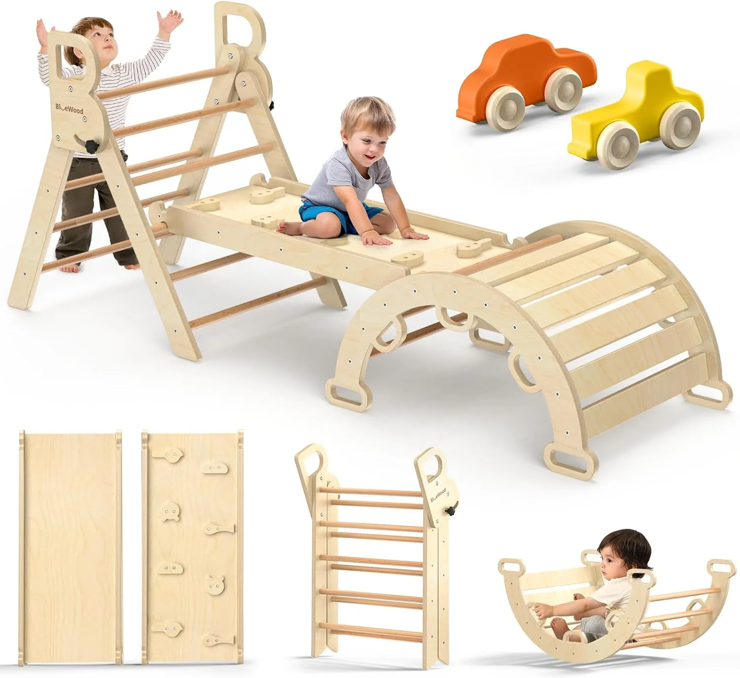 BlueWood Pikler Triangle Set 7-in-1 Foldable Baby Climbing Wooden Toys with Arch&Ramp&Ladder Climber Indoor Jungle Gyms for Toddlers - Natural Wood