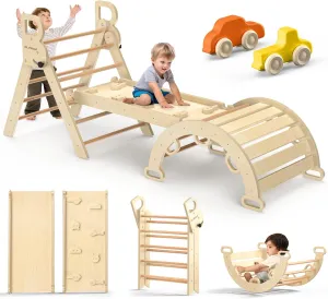 BlueWood Pikler Triangle Set 7-in-1 Foldable Baby Climbing Wooden Toys with Arch&Ramp&Ladder Climber Indoor Jungle Gyms for Toddlers - Natural Wood
