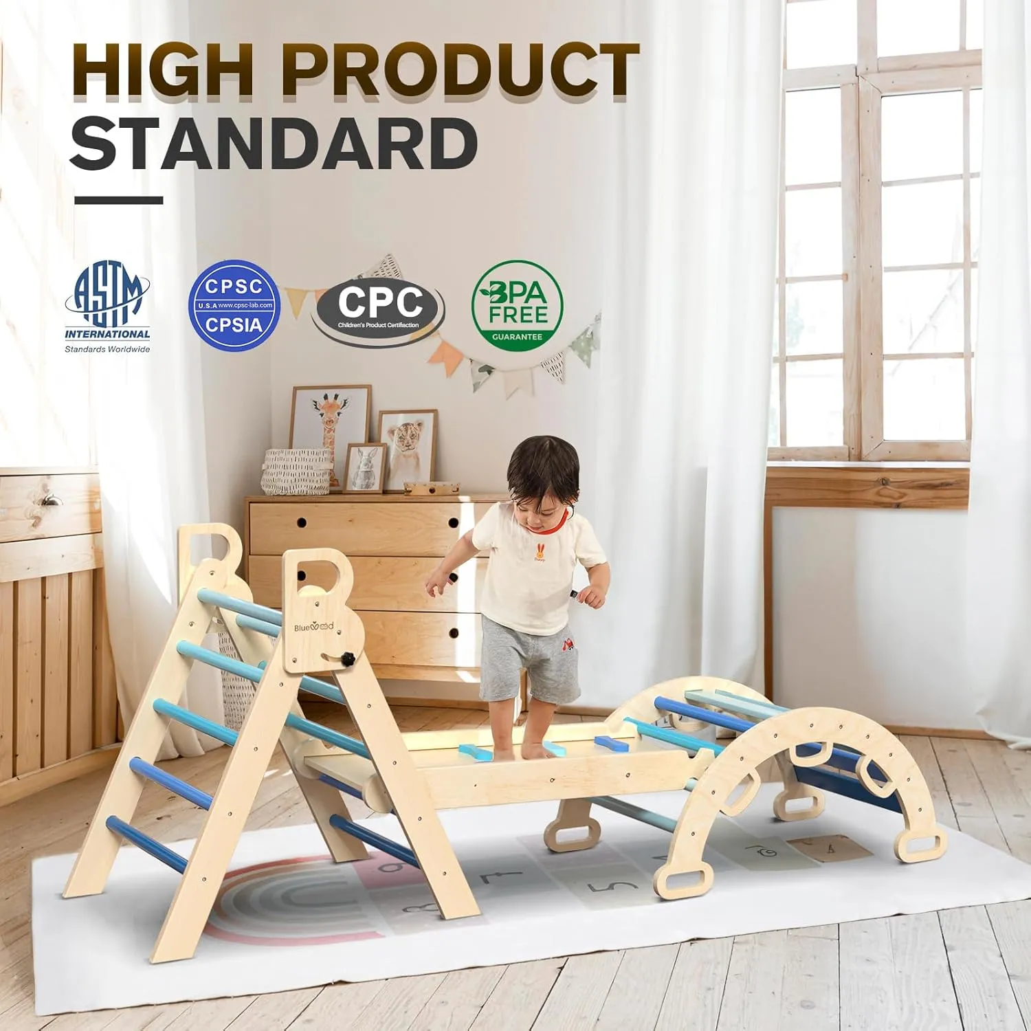BlueWood Pikler Triangle Set 7in1 Foldable Baby Climbing Toys Wooden Montessori Climbing Set with Arch&Ramp&Ladder Baby Climber Indoor Jungle Gyms for Toddlers Montessori Toys - Sky Blue