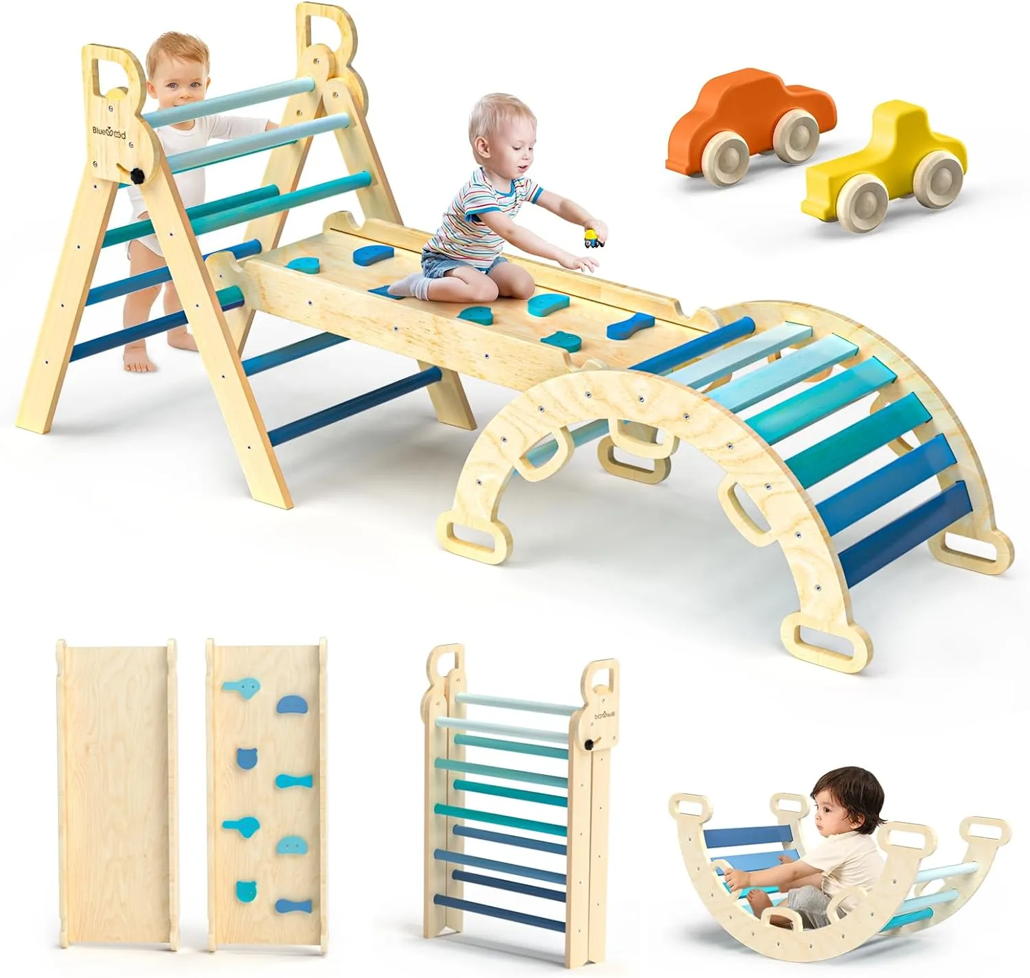BlueWood Pikler Triangle Set 7in1 Foldable Baby Climbing Toys Wooden Montessori Climbing Set with Arch&Ramp&Ladder Baby Climber Indoor Jungle Gyms for Toddlers Montessori Toys - Sky Blue