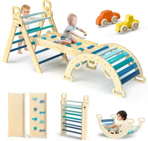 BlueWood Pikler Triangle Set 7in1 Foldable Baby Climbing Toys Wooden Montessori Climbing Set with Arch&Ramp&Ladder Baby Climber Indoor Jungle Gyms for Toddlers Montessori Toys - Sky Blue