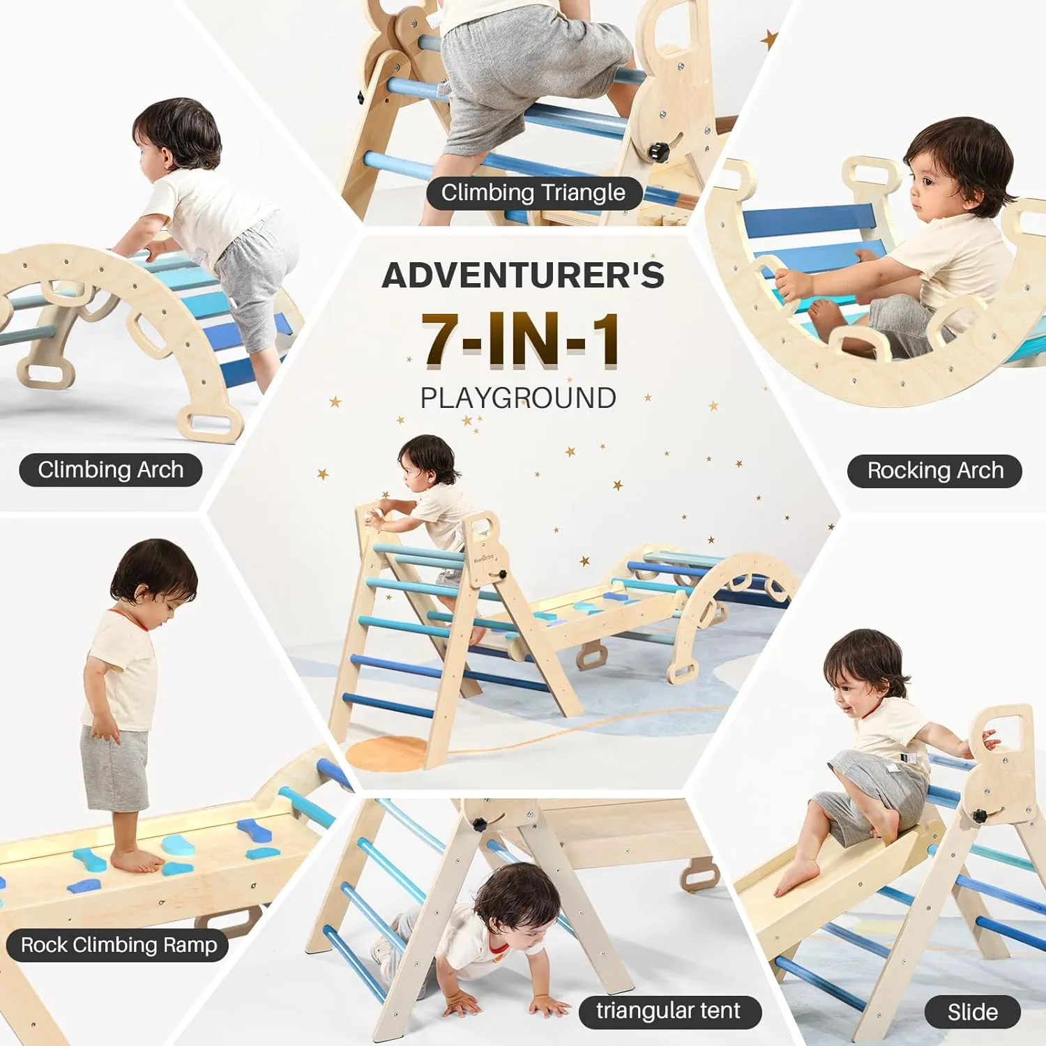BlueWood Pikler Triangle Set 7in1 Foldable Baby Climbing Toys Wooden Montessori Climbing Set with Arch&Ramp&Ladder Baby Climber Indoor Jungle Gyms for Toddlers Montessori Toys - Sky Blue